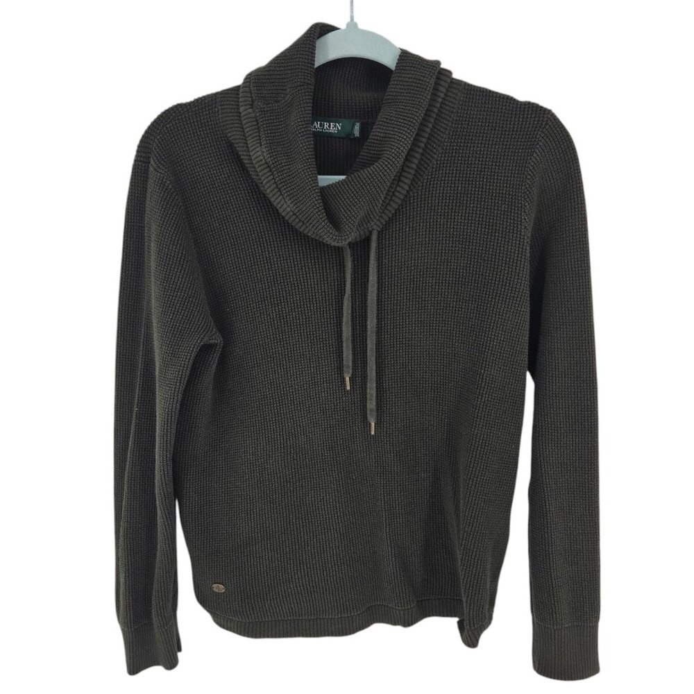 Lauren ralph lauren womens Large green waffle knit cowl neck draw string sweater